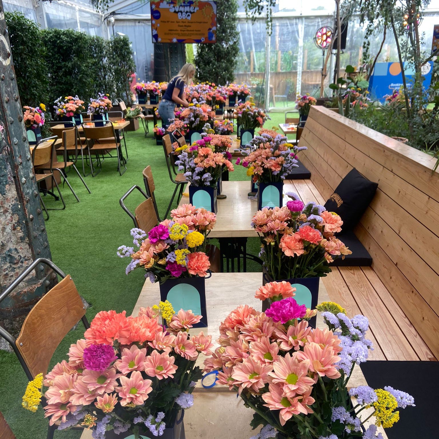 Corporate team building event in Manchester. For an office. Fresh flower workshops. Tables set with seasonal fresh blooms to be made into flower crowns.