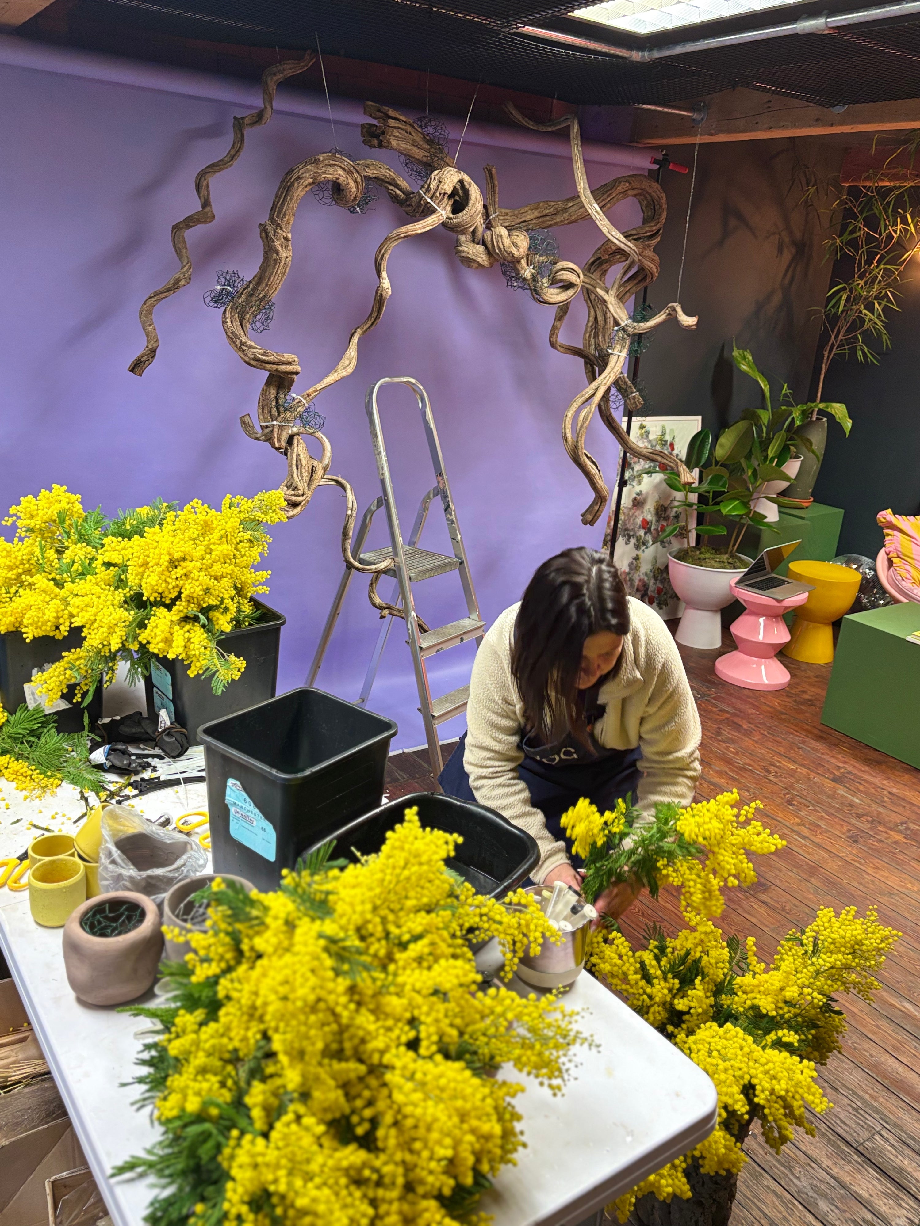 Person arranging yellow flowers in a room with artistic decor